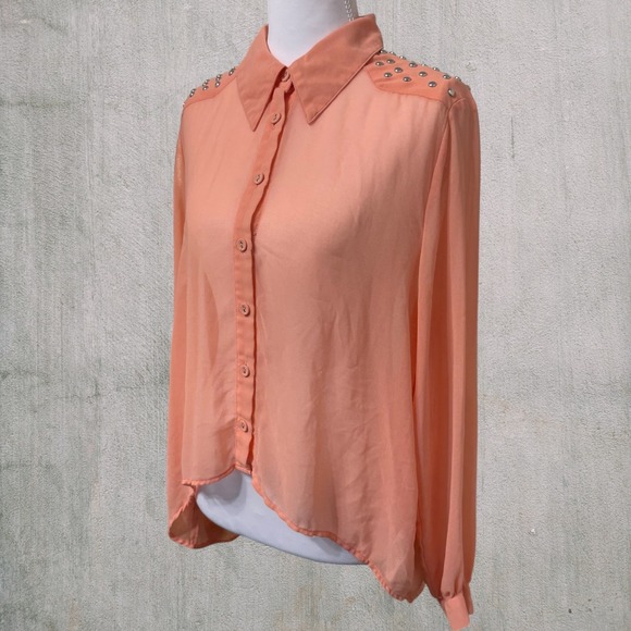 Forever 21 Exclusive Studded Button Up Y2K Women L Long Sleeve Top Blouse Sheer - Picture 2 of 8